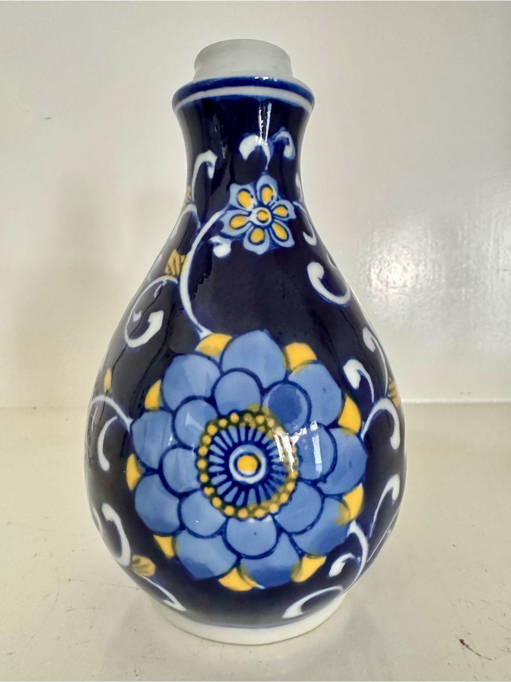 Cobalt Blue & Yellow Floral Ceramic Bud Vase – 5.5" Small Decorative Jug